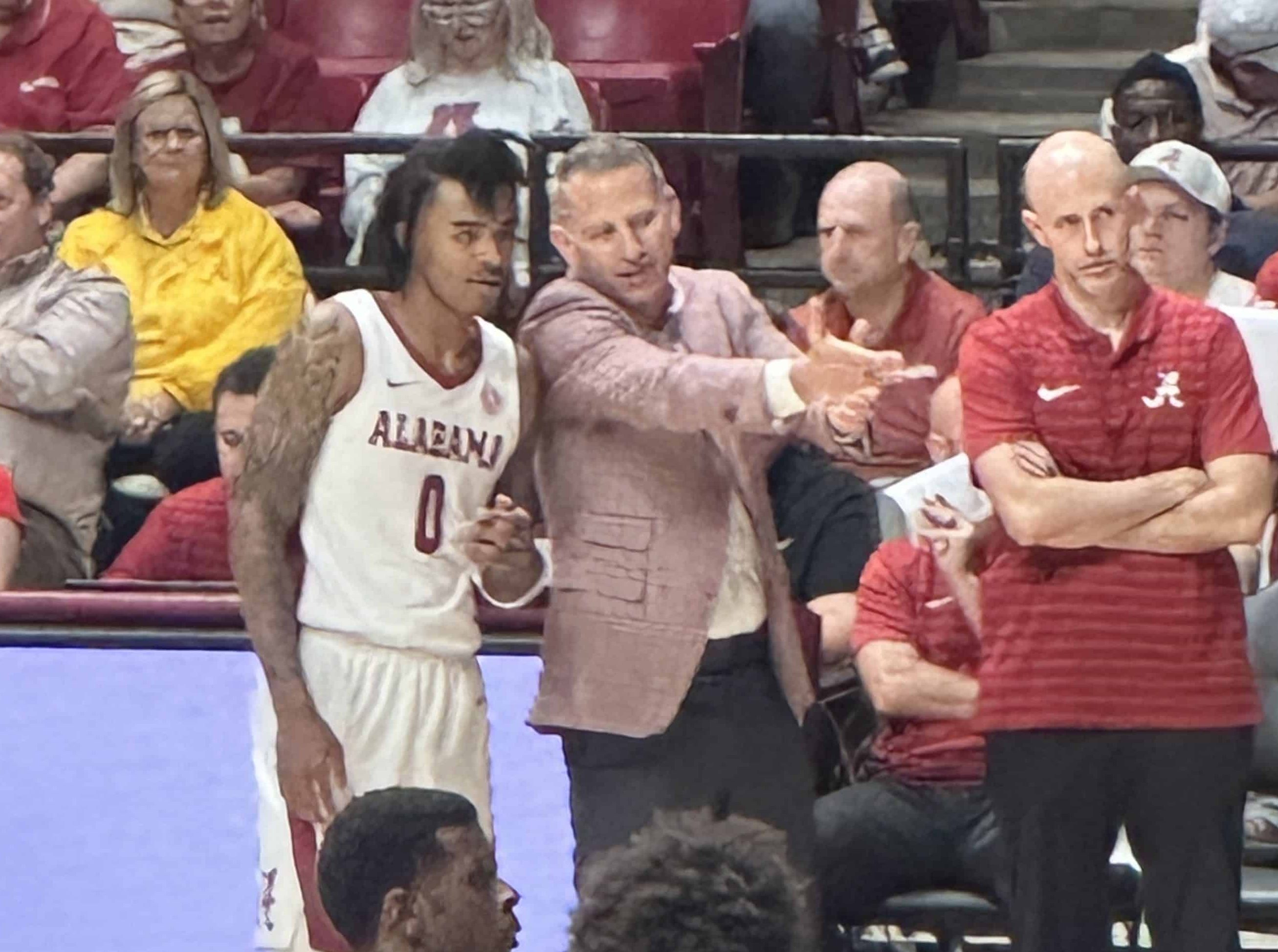 Alabama basketball player Labaron Philon with head coach Nate Oats (Photo credit: Nick Elliott, CBB Review)