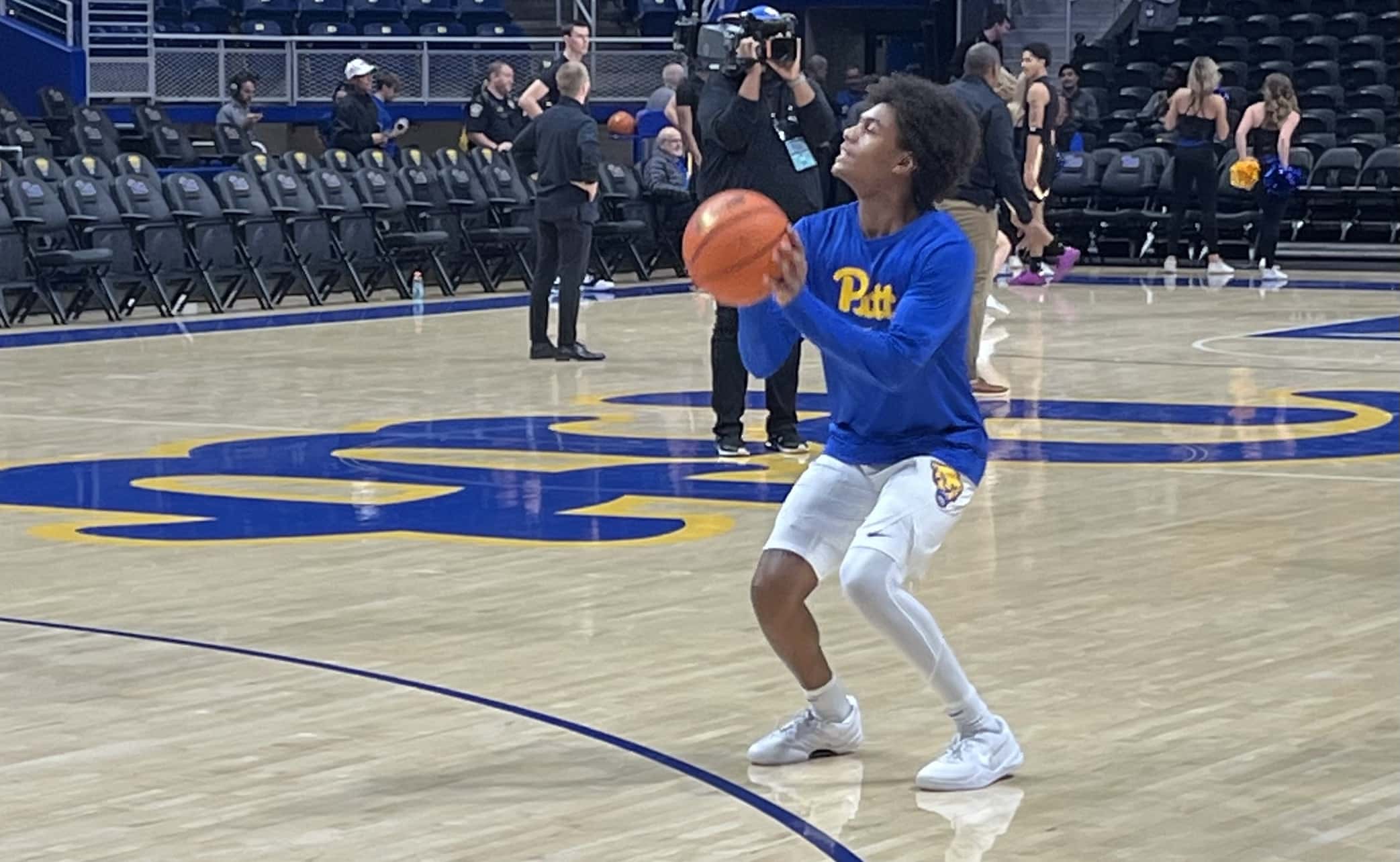 Pitt basketball player Brandin Cummings shoots a three pointer in warmups for the Panthers ahead of his career night.
