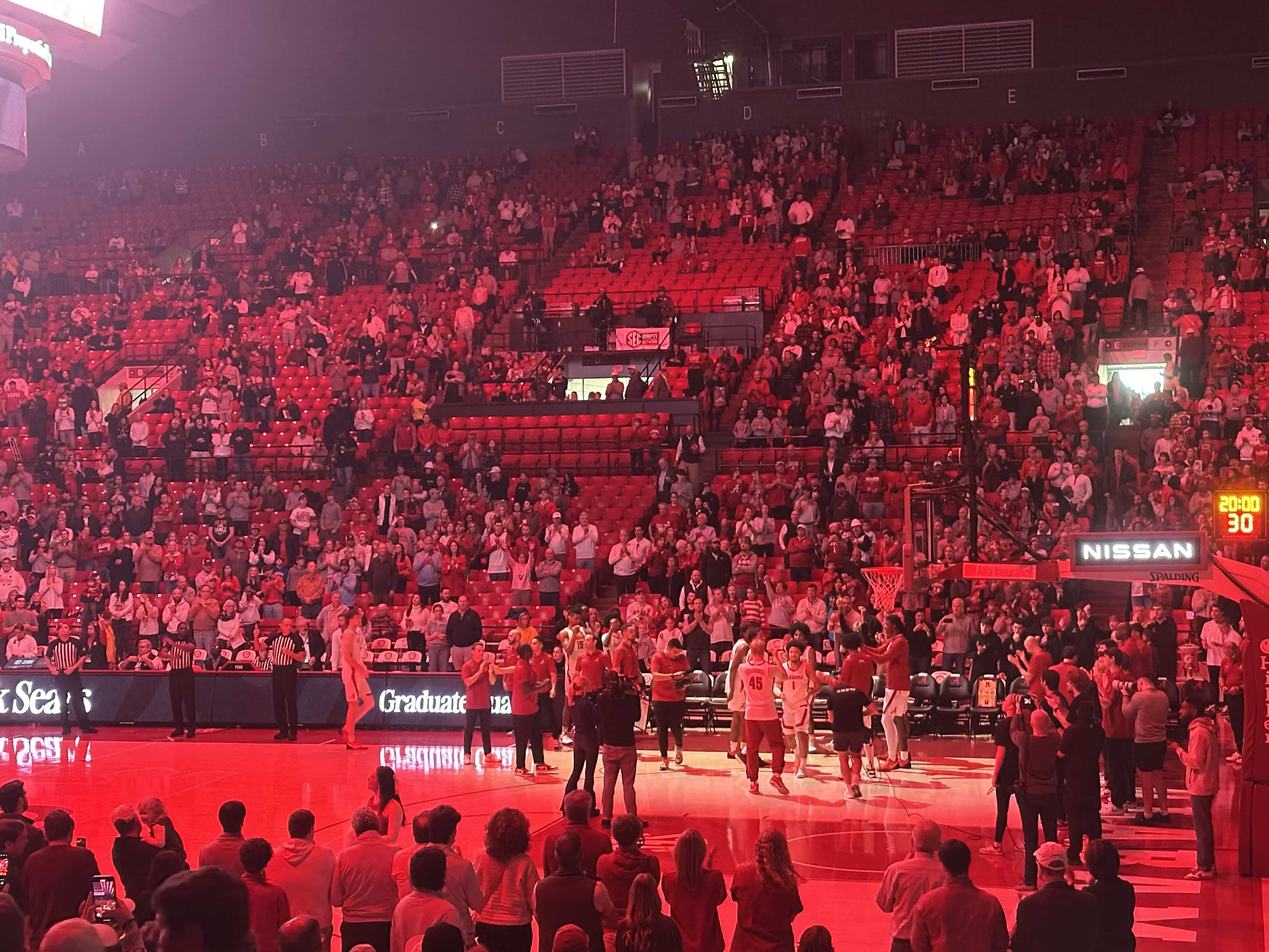 Mark Sears gets introduced in the starting lineup before tip-off for Alabama basketball. (Photo credit: Nicholas Elliott, CBB Review)