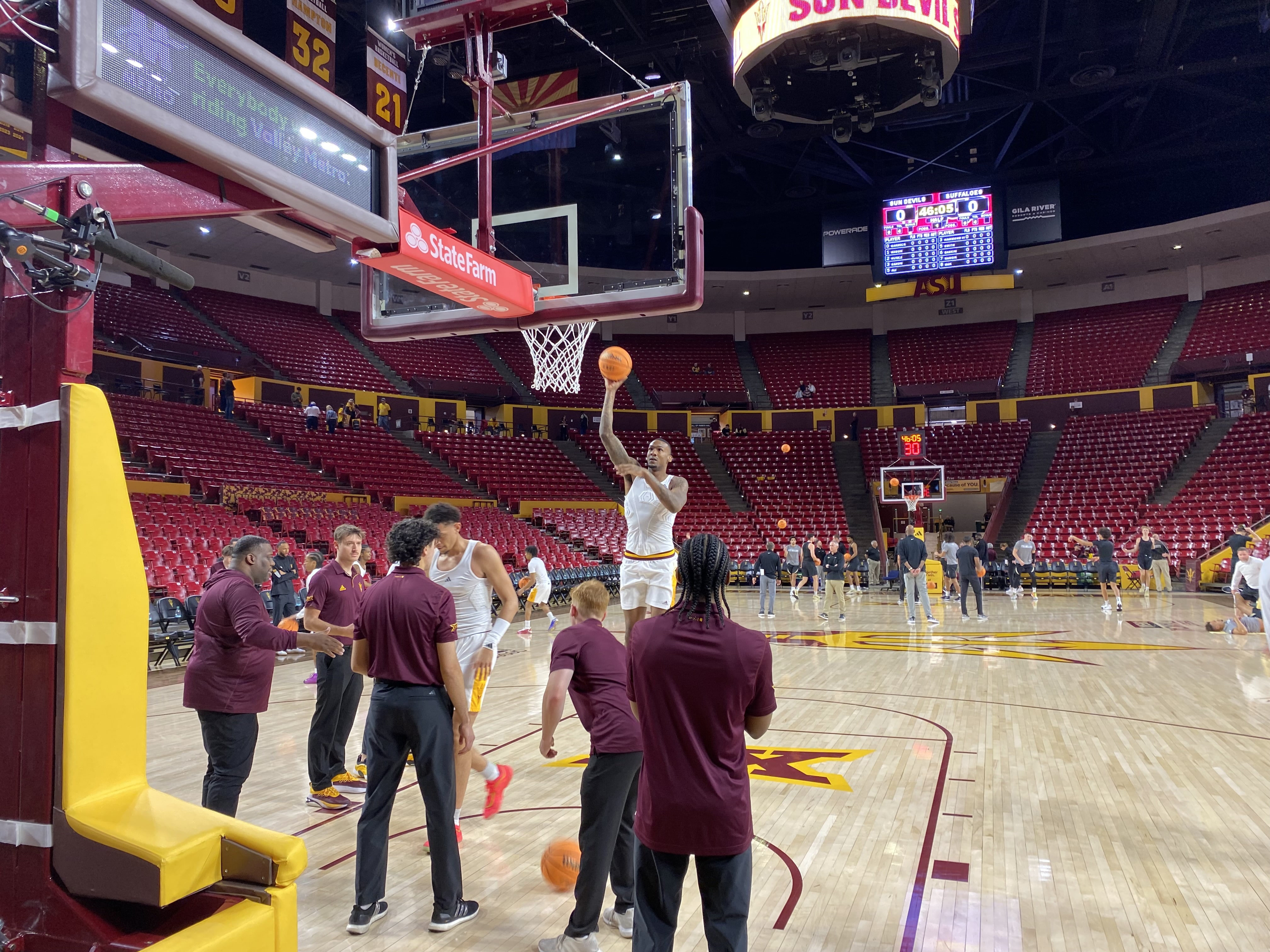 Arizona State basketball players warm up before their game against Colorado (Photo Credit: Mihir Sinhasan, CBB Review)