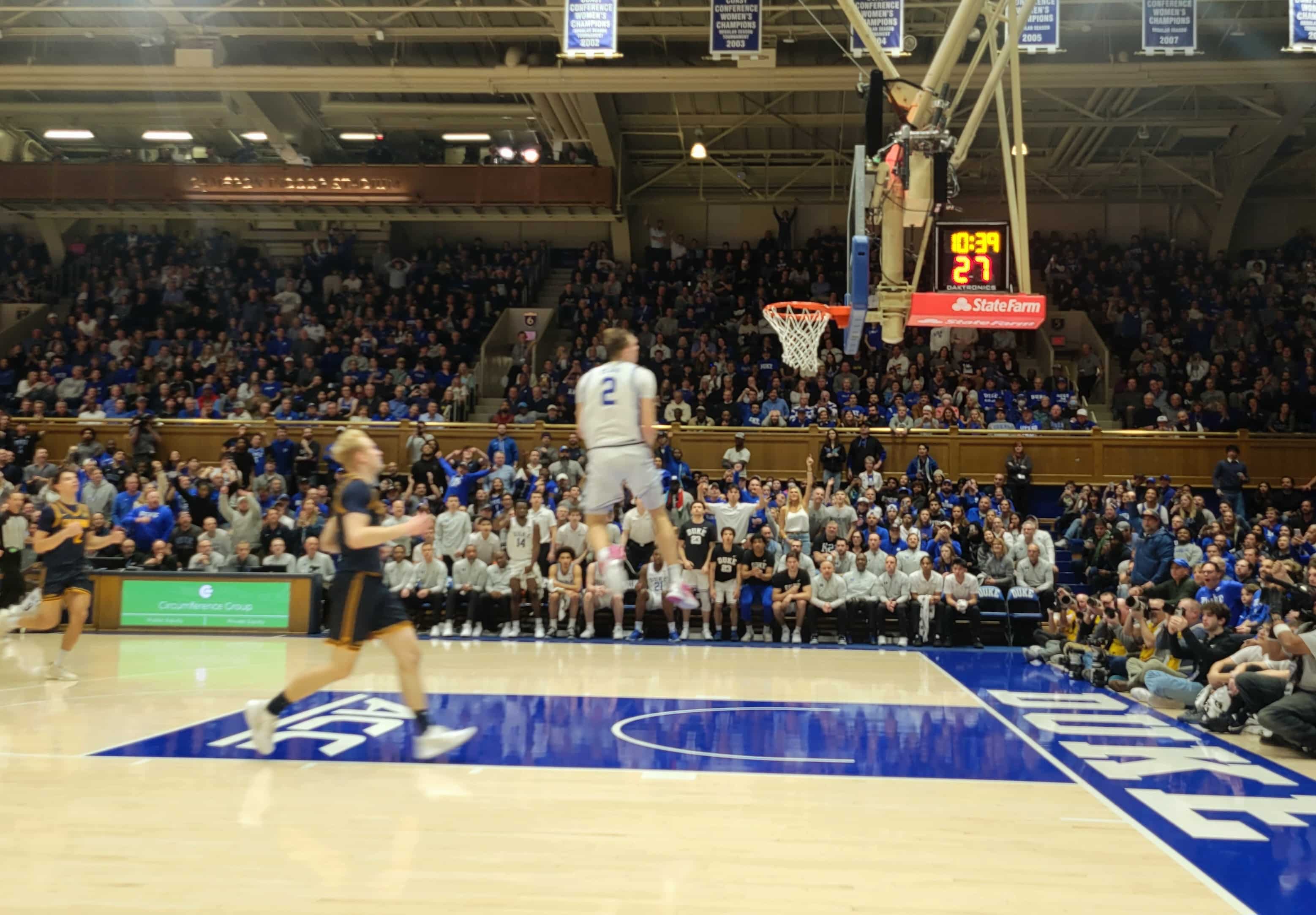 Duke basketball star Cooper Flagg goes for a dunk in the second half (Photo Credit: Kyle Nachtsheim, CBB Review)