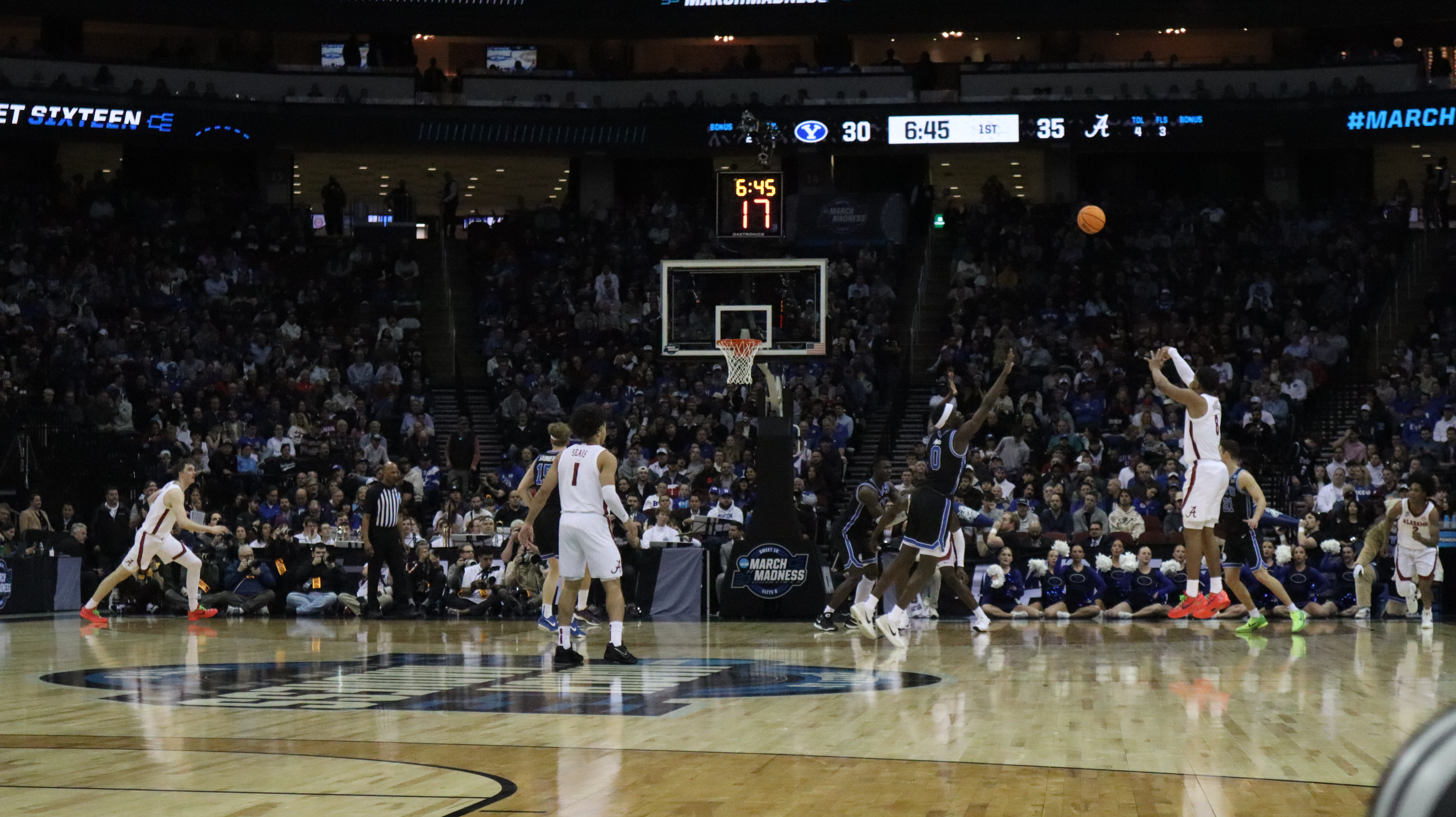 Alabama Basketball's Chris Youngblood Shoots a Three in the Sweet Sixteen. (Photo credit: Mat Mlodzinski, CBB Review)