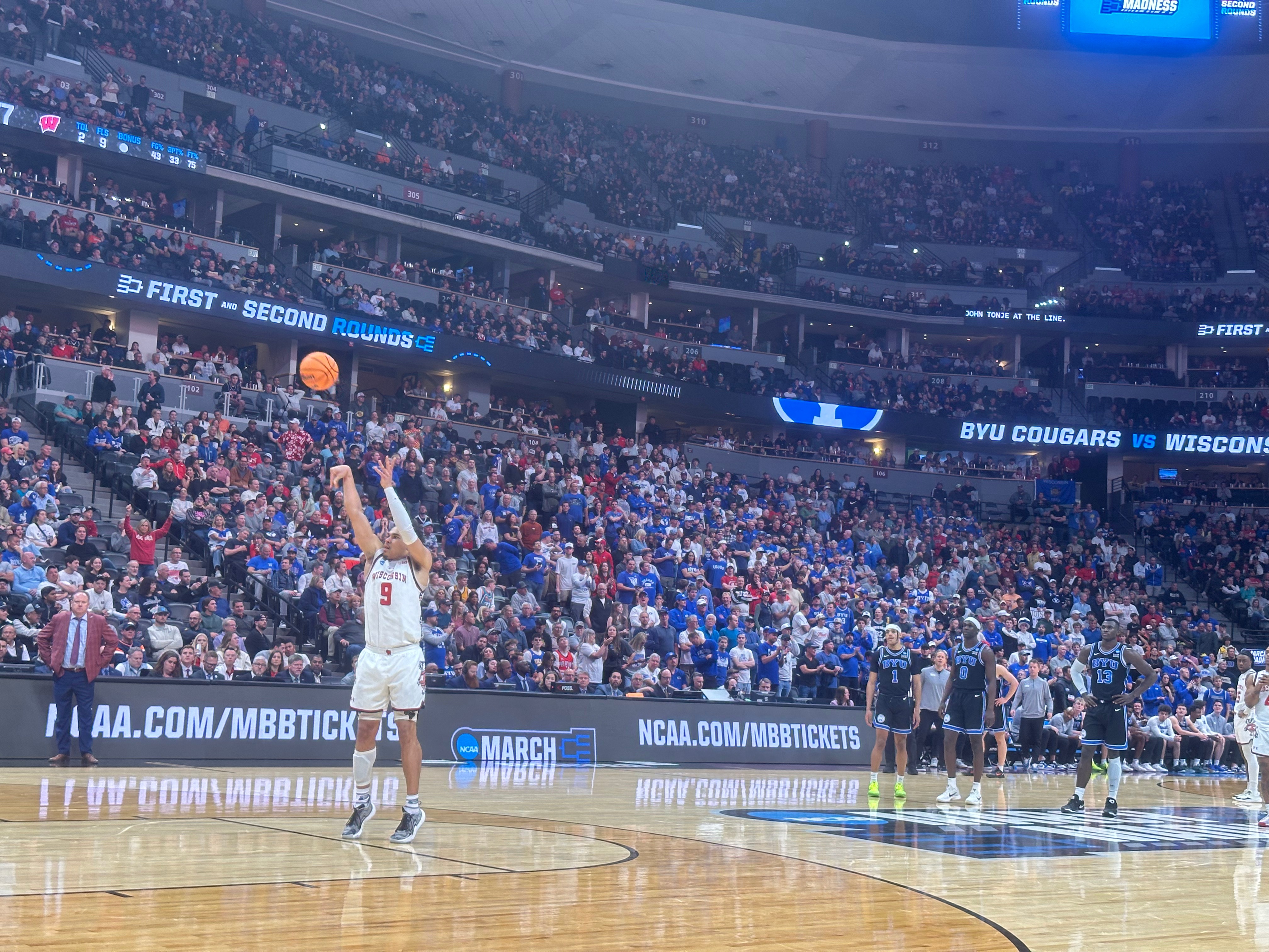 John Tonje sinks 2 of 2 at the line against BYU basketball despite electric royal blue crowd.