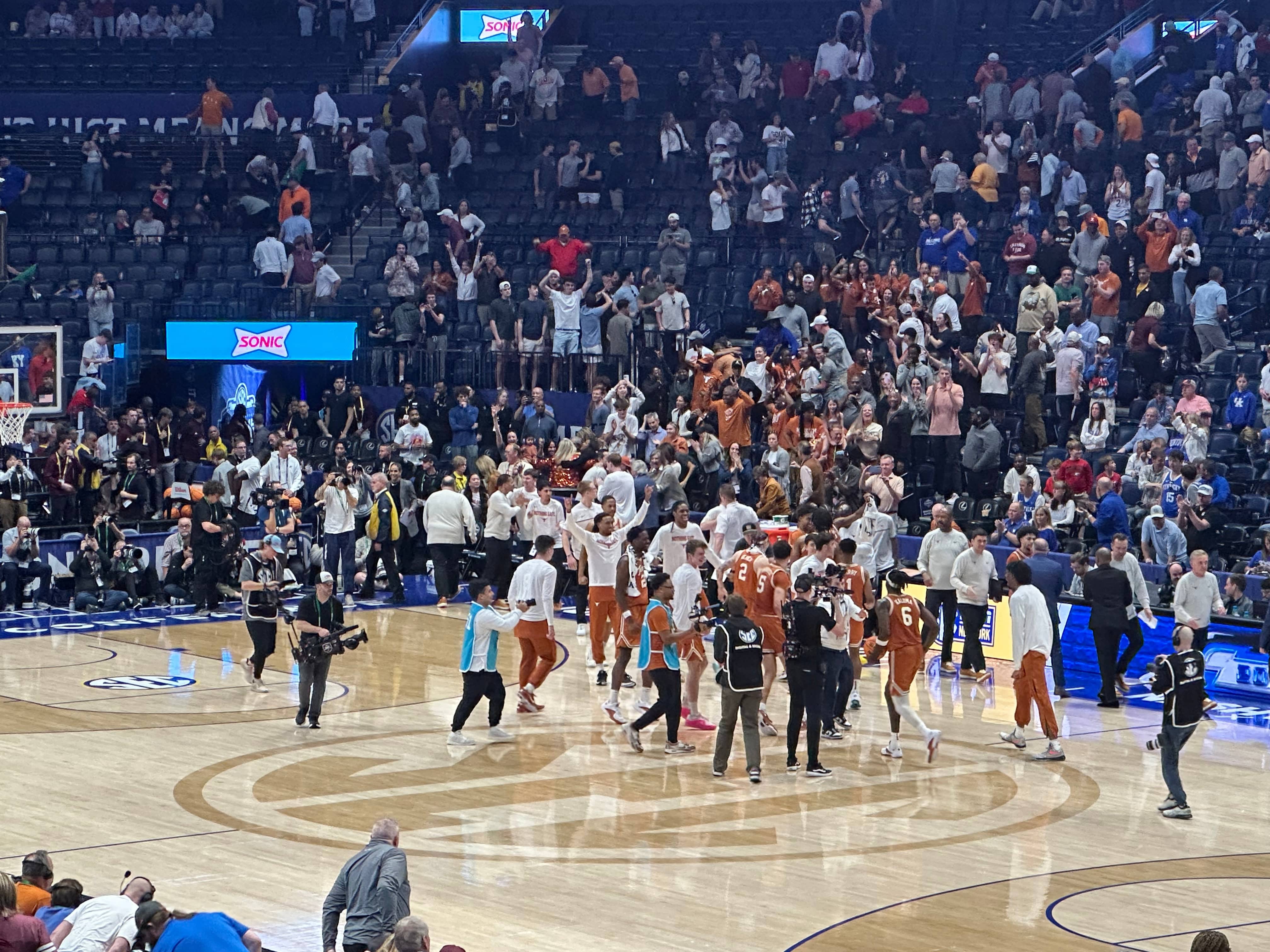 Texas Basketball celebrates after win over rival Texas A&M (Photo credit: Nick Elliott, CBB Review)
