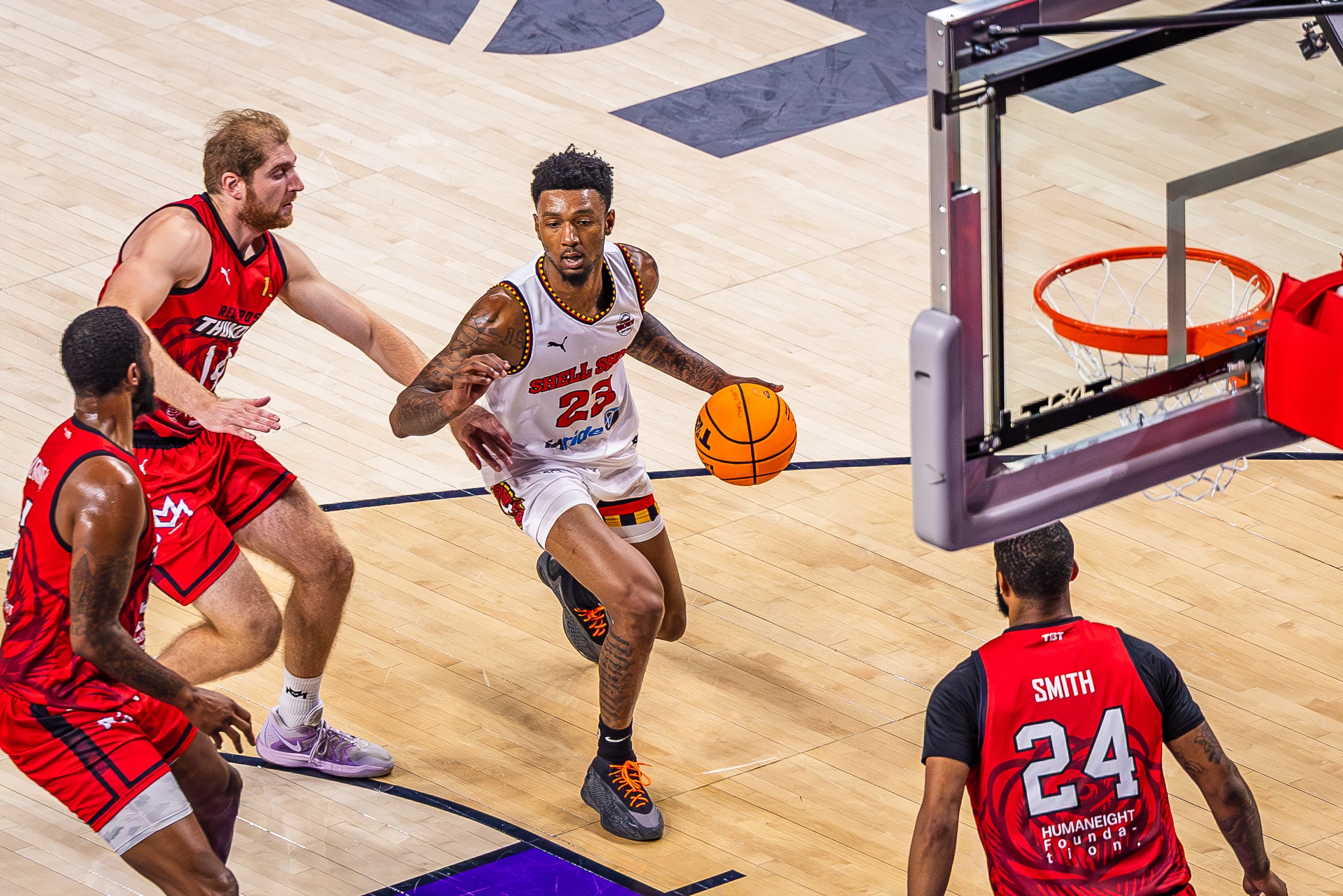 Shell Shock, made up of mostly Maryland alumni, reached the James Madison Regional Finals with an 81-78 win over Red Rose Thunder. Photo courtesy of The Basketball Tournament.