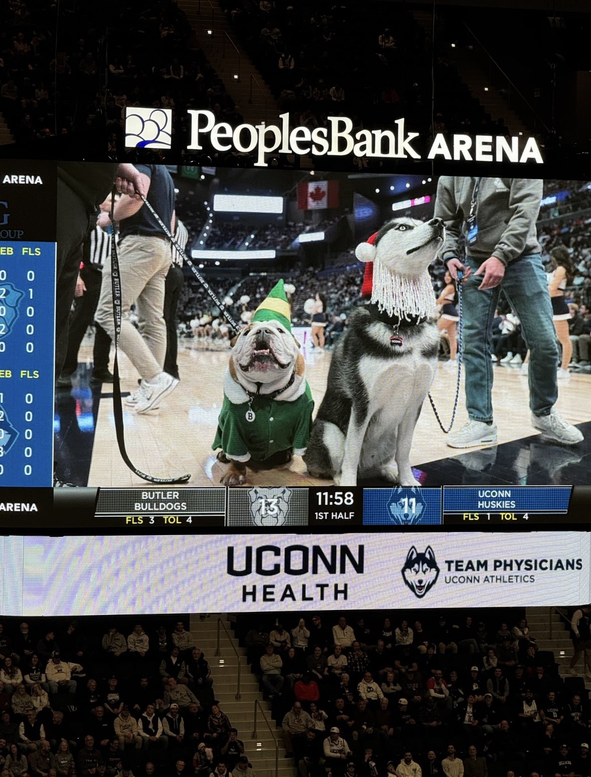 UConn basketball and Butler basketball team mascots at PeoplesBank Arena (Photo credit: Chandler Boucher, CBB Review)