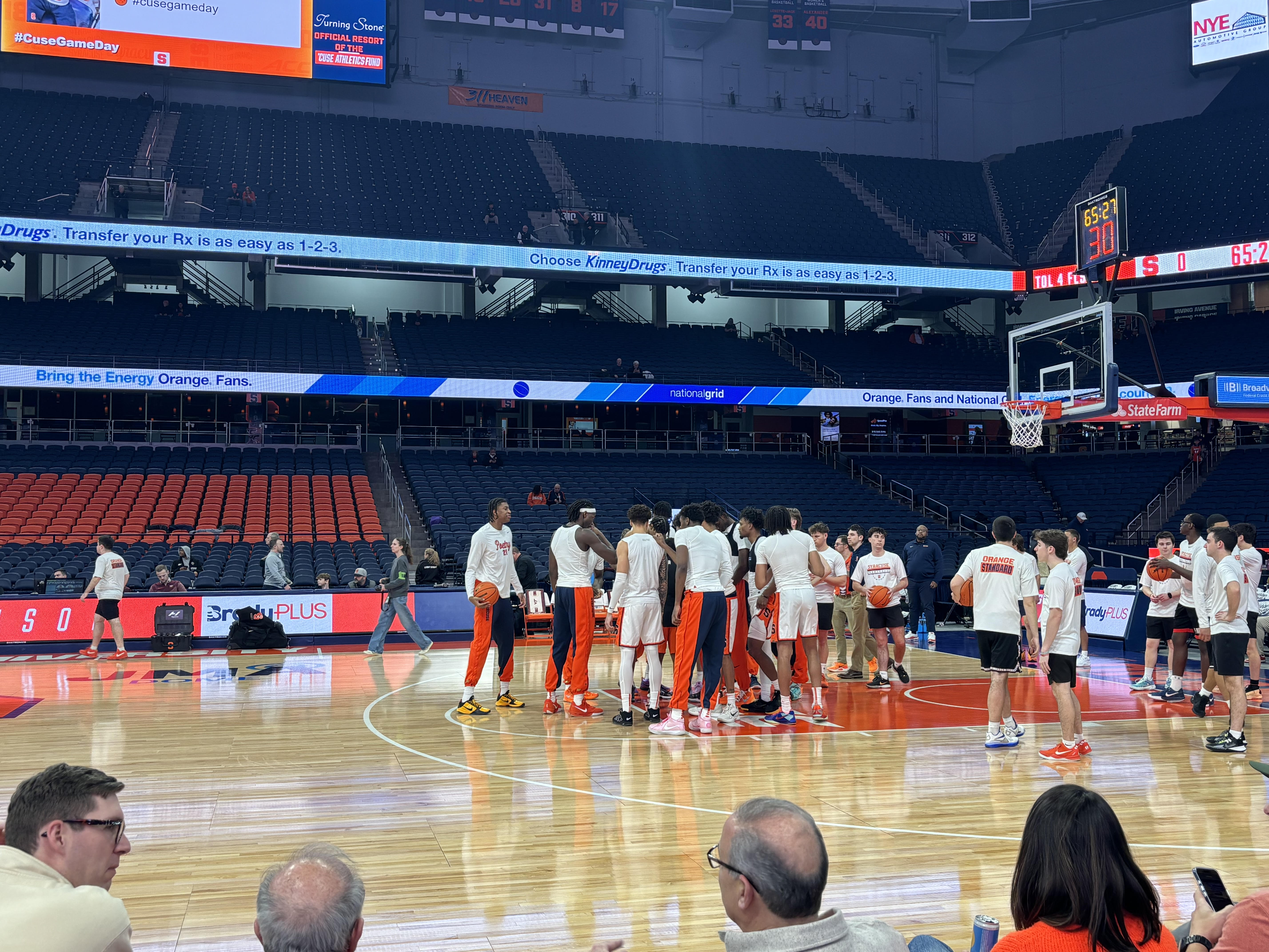 Syracuse basketball warms up ahead of game against Virginia Tech on Jan. 21, 2026 (Photo credit: CBB Review)